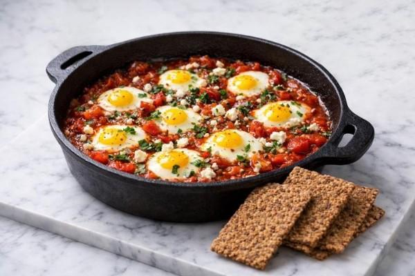 Шакшука из перепелиных яиц с гречневым хлебцами